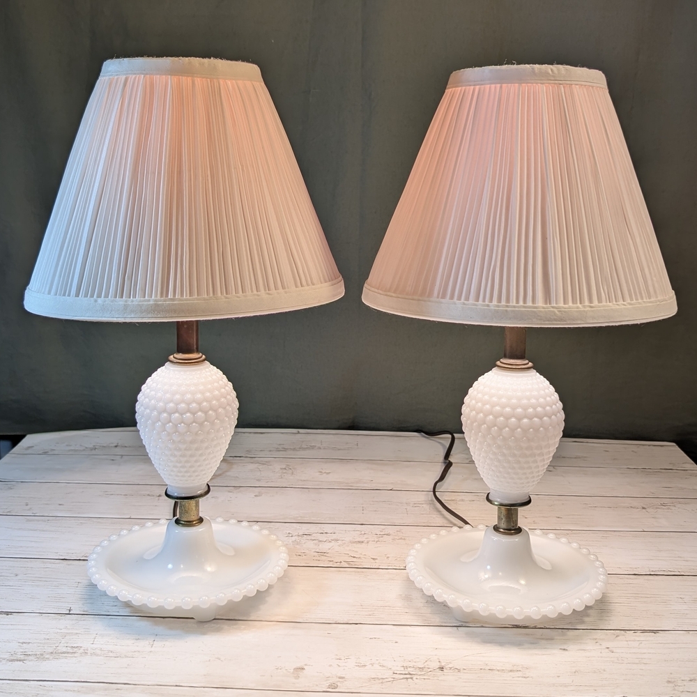 Pair of Vintage Leviton Hobnail Milk Glass Lamps - Mid Century Modern, Boudoir